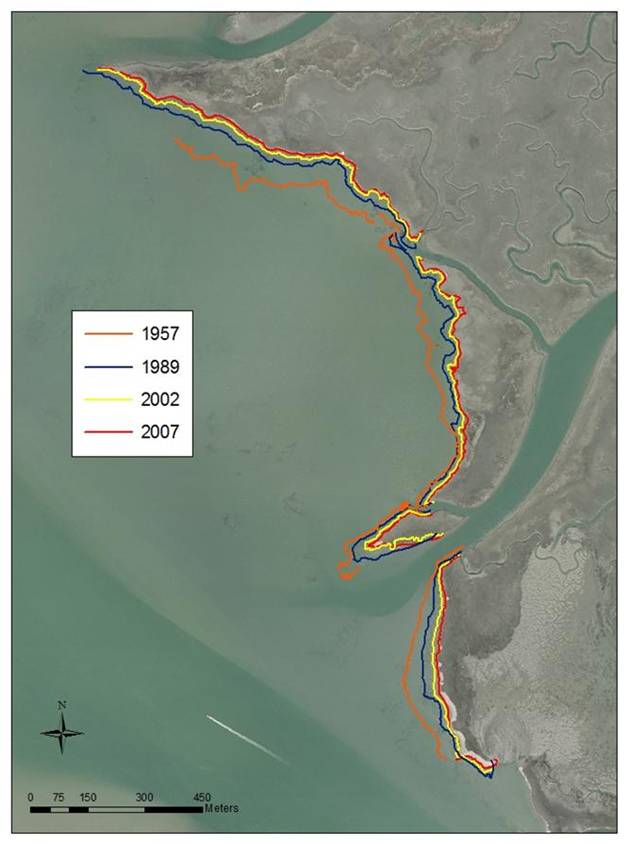 Erosion of the marsh edge between 1957 and 2007 at the Chimney Pole Marsh